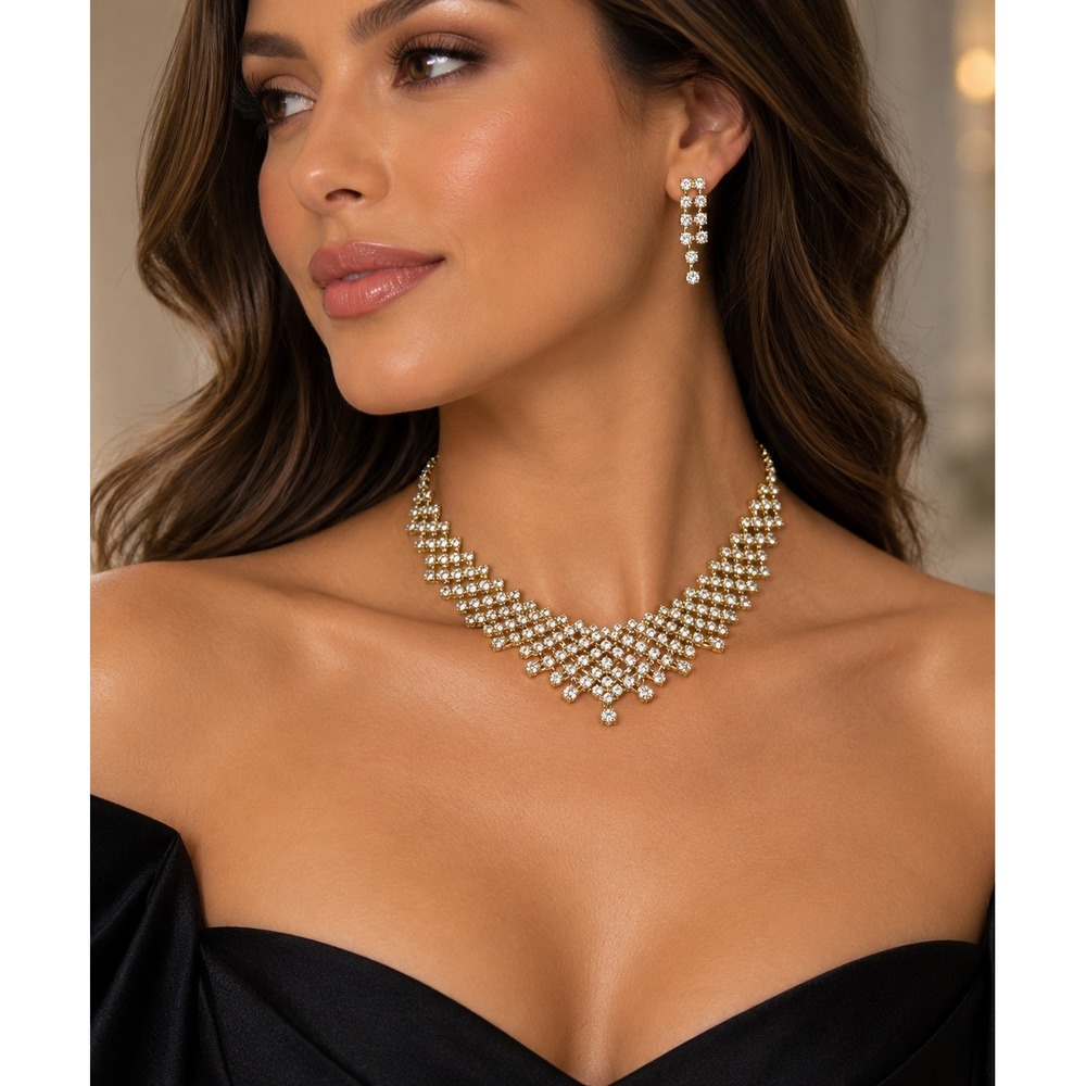 Necklace Earrings Set Formal Jewelry Made with Swarovski Crystal Gold Prom